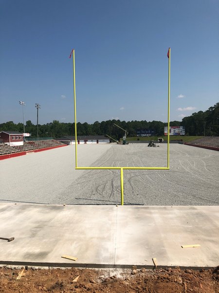 July 2, 2019. Looking toward the north end zone as the goal post is being erected. The field is being prepped for the artificial turf.
